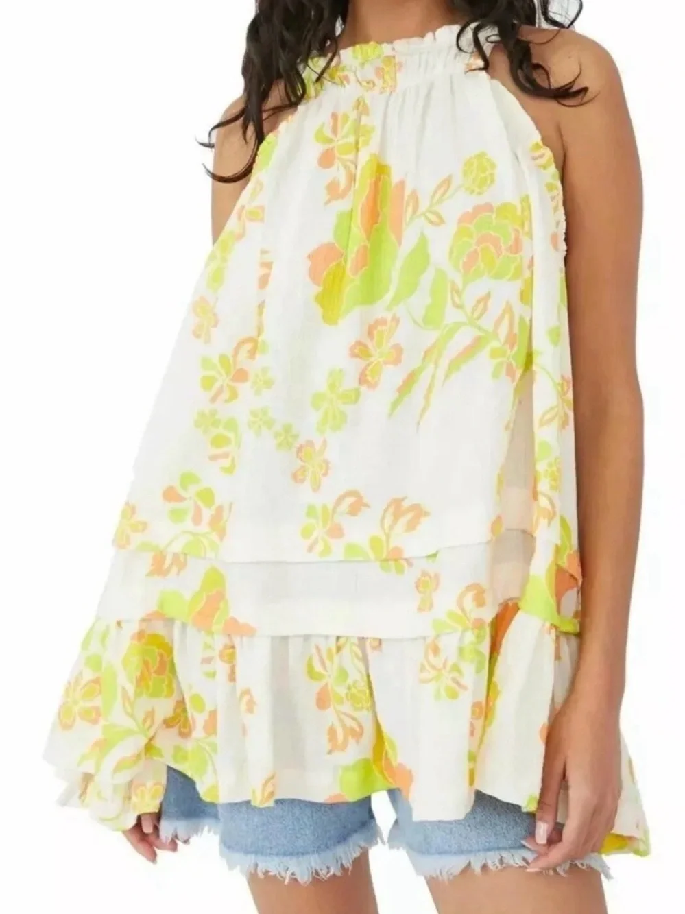 Free People Fleur Dress Top Sz M Cotton Gauze Tiered Tie Shoulder Boho Cottage